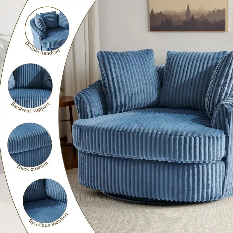 Oversized 43 W Plush Corduroy Recessed Arm Swivel Barrel Chair 15