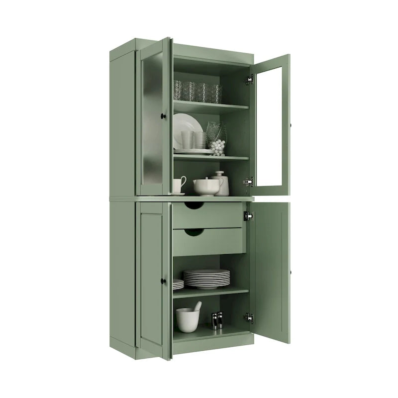 100% Solid Wood Pantry Cabinet with Frosted Glass Doors, Solid Doors, 2-Drawers and Adjustable Shelves 10