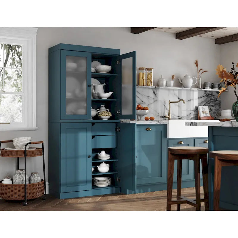 100% Solid Wood Pantry Cabinet with Frosted Glass Doors, Solid Doors, 2-Drawers and Adjustable Shelves 41