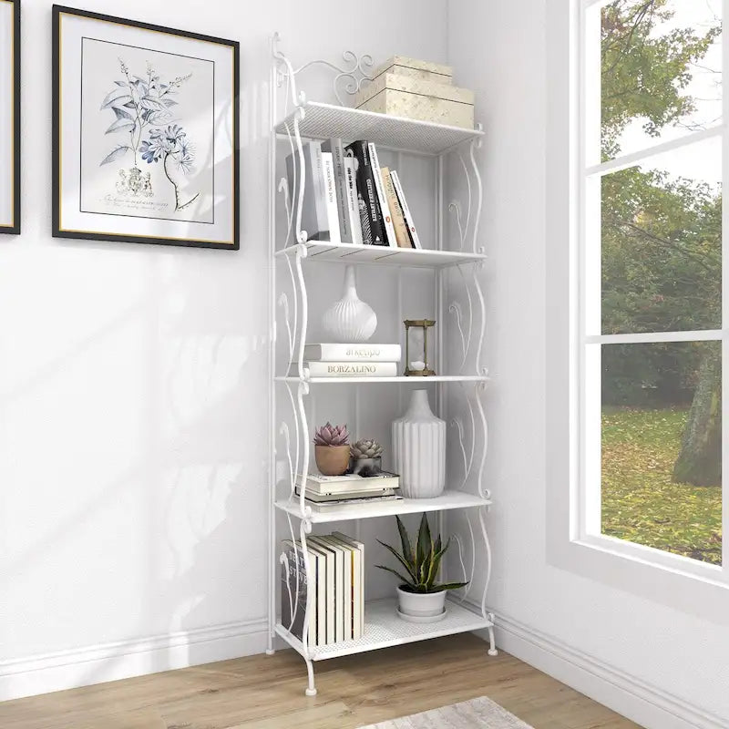 Metal Scroll Indoor Outdoor Tall Folding 5 Shelves Bakers Rack - Gold or White - Roche River Decor 13