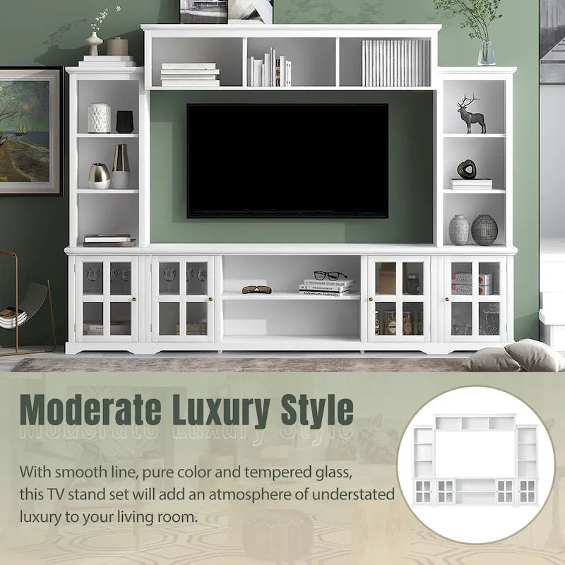 Entertainment Wall Unit with Bridge, Tempered Glass Doors for TVs Up to 70 5