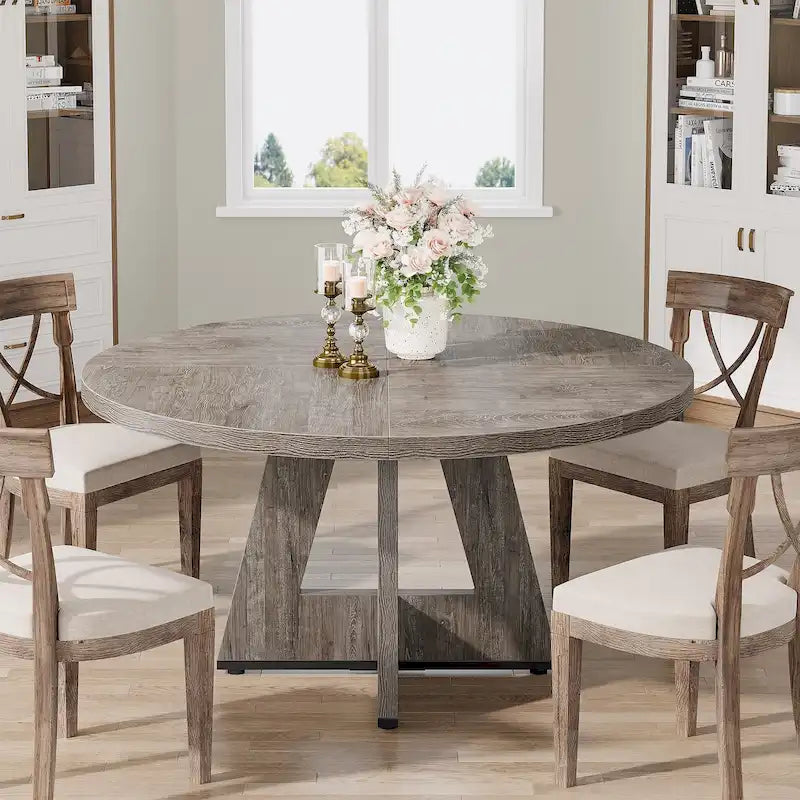 47 Inch Round Dining Table for 4, Wood Farmhouse Dinner Dinning Table for Kitchen Dining Living Room 34