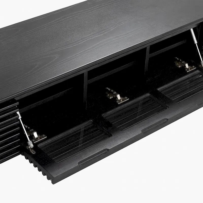Minimalist TV Stand with DrawersSolid Wood Media Console with Cabinets, Flip-down Door, Walnut Veneer, Fully-Assembled 24