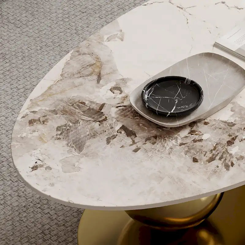 Tavolino da caffè ovale moderno Pandora 51 con piano in pietra sinterizzata lucida, tavolino da caffè di lusso, gambe in acciaio inossidabile per soggiorno 29