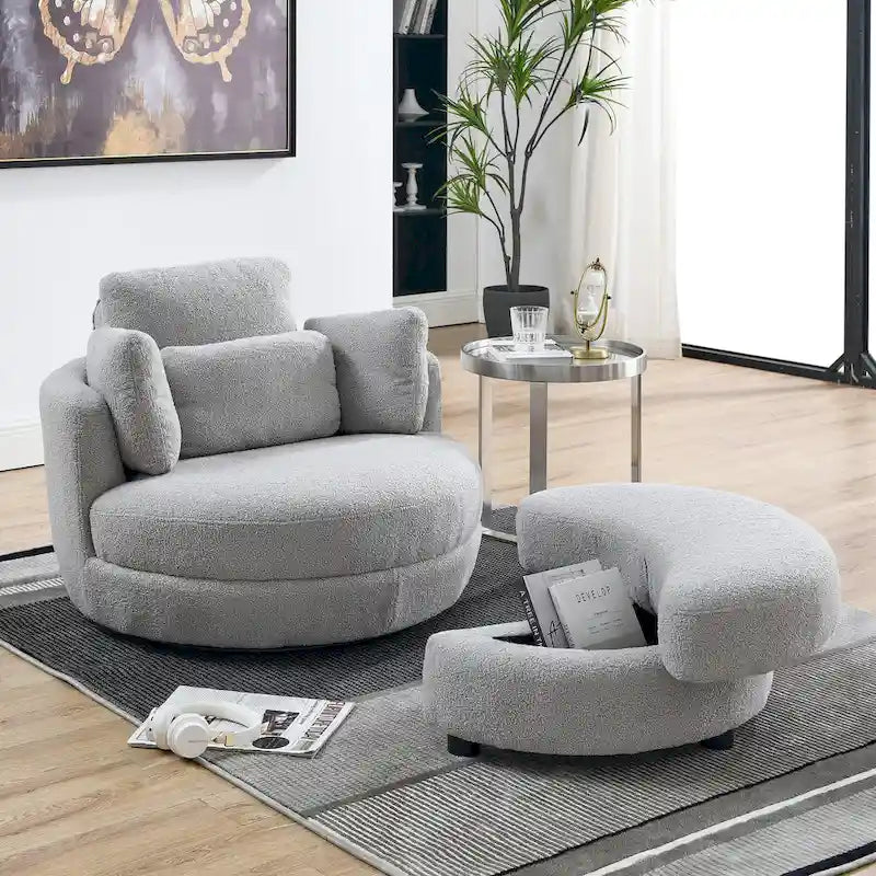 Oversized Swivel Cuddle Barrel Chair with moon storage ottoman 14