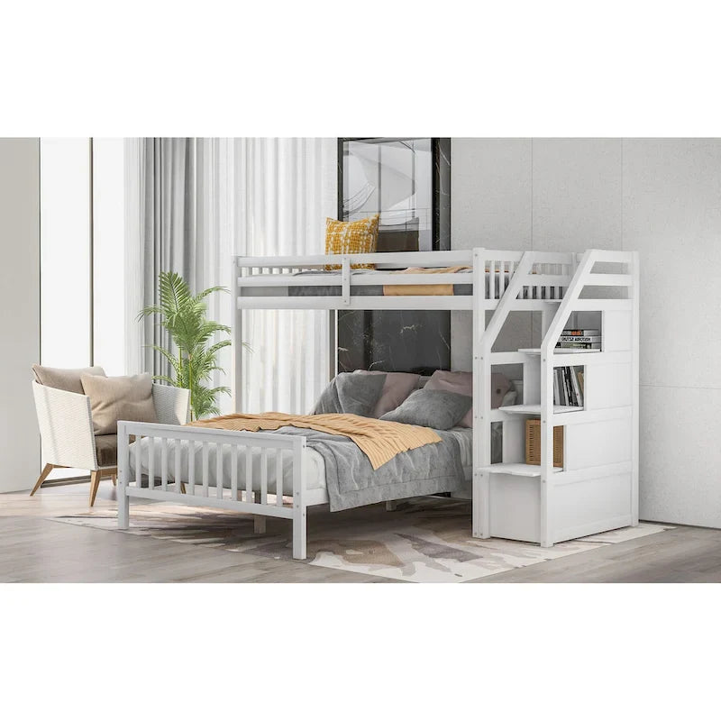 Twin Over Full Wood Loft Bed with Staircase,High Guardrails and Ladder 3