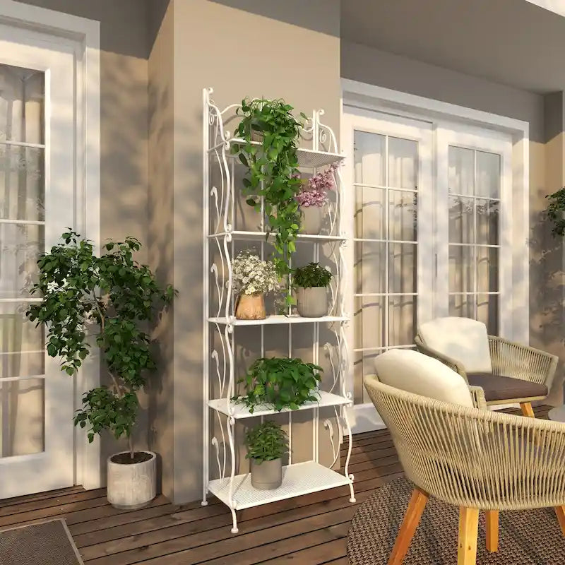 Metal Scroll Indoor Outdoor Tall Folding 5 Shelves Bakers Rack - Gold or White - Roche River Decor 24