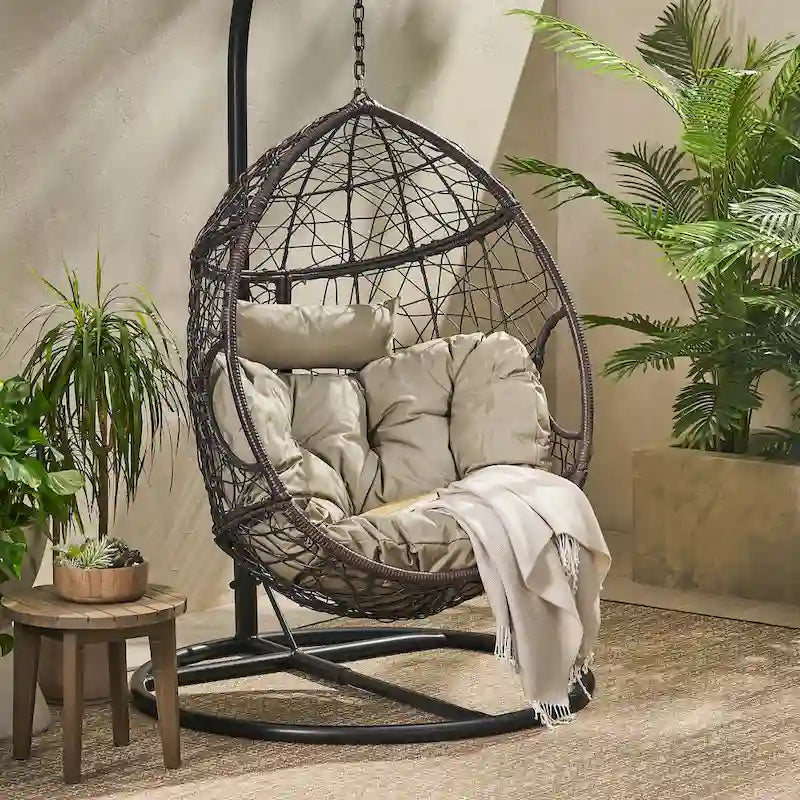 Waterproof Outdoor Wicker Hanging Basket Chair with Cushions, Hammock Seat - 300 lbs Capacity 15