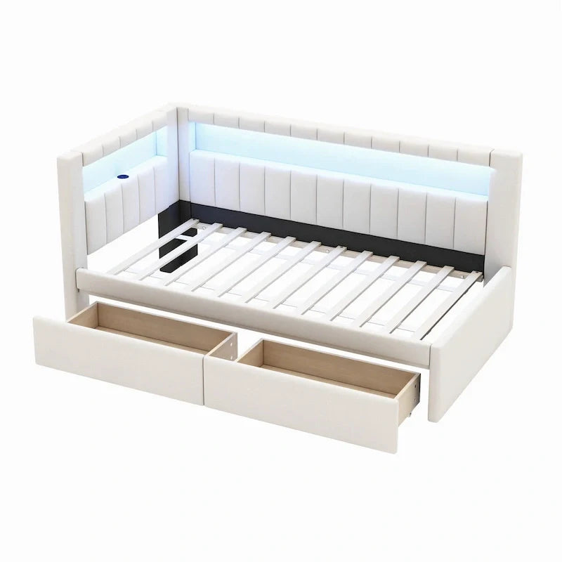 Upholstered Platform Bed with USB Ports & LED Lighting - Full/Twin Size Bed Frame with 2 Storage Drawers - Modern Bedroom 9