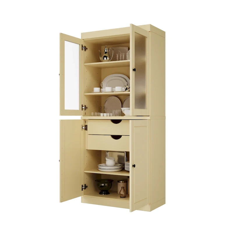 100% Solid Wood Pantry Cabinet with Frosted Glass Doors, Solid Doors, 2-Drawers and Adjustable Shelves 8