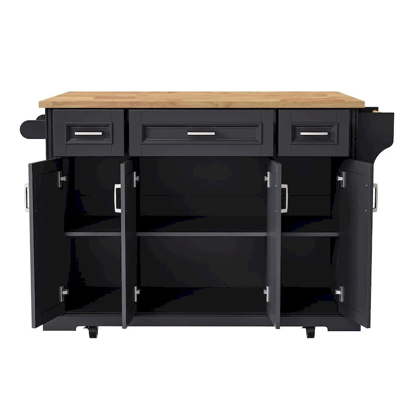 54  Large Kitchen Island with Rubber Wood Drop Leaf, Embossed Texture Rolling Kitchen Cart on 4 Wheels with 4 Doors & 3 Drawers 16