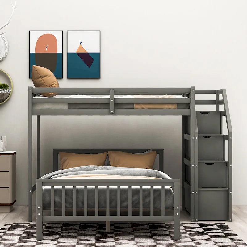 Twin Over Full Wood Loft Bed with Staircase,High Guardrails and Ladder 12