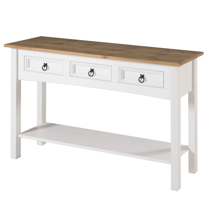 Rustic Solid Pine Console Hall Table, White Wash / Antique Brown / Gray Wash / Unpainted, 3 Drawers 14