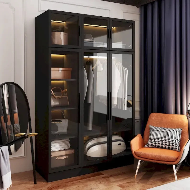 47.2 Wide Armoire LED Light All Glass Door Closet Cabinet Wardrobe 3