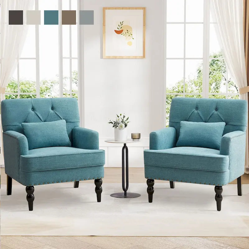 Set of 2 Arm Chair Upholstered Button Tufted Accent Chair with Lumbar Pillow Beige/ Grey/ Light Blue 5