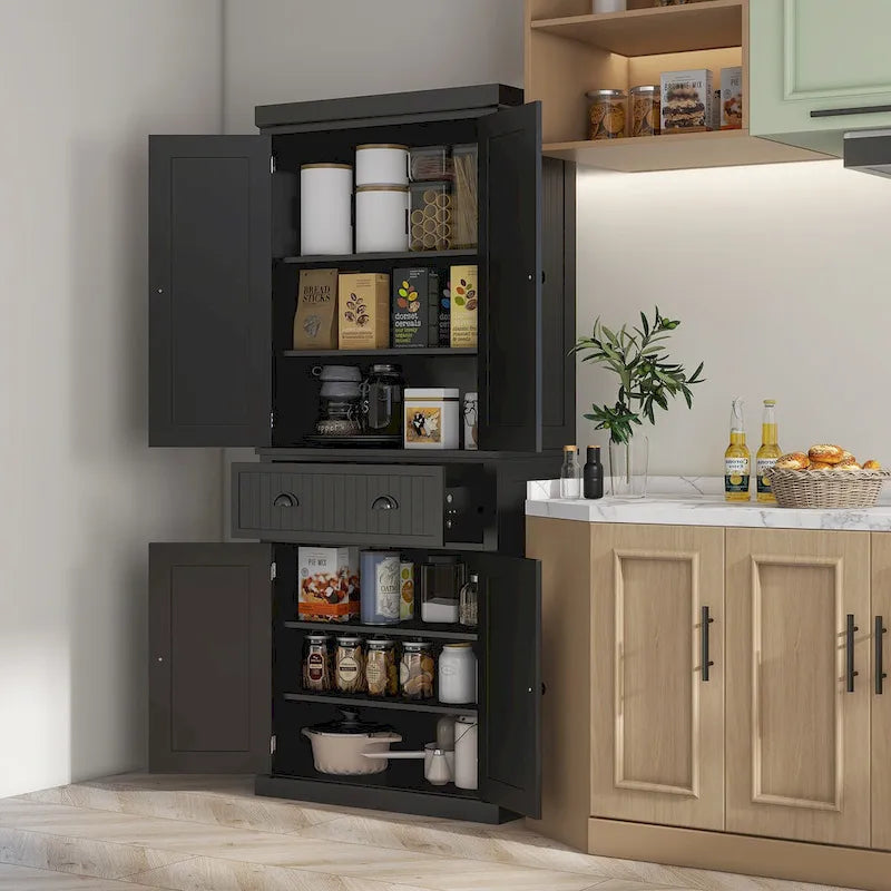 72 Kitchen Pantry Storage Cabinet, Traditional Freestanding Cabinet with 4 Doors and 3 Adjustable Shelves, Large Central Drawer 23