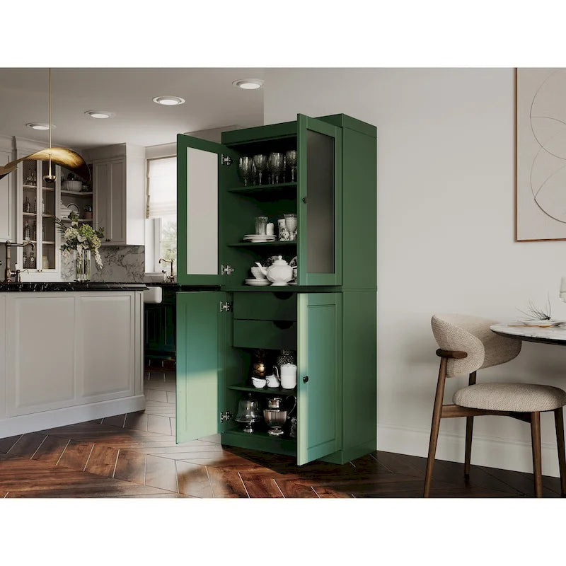 100% Solid Wood Pantry Cabinet with Frosted Glass Doors, Solid Doors, 2-Drawers and Adjustable Shelves 38