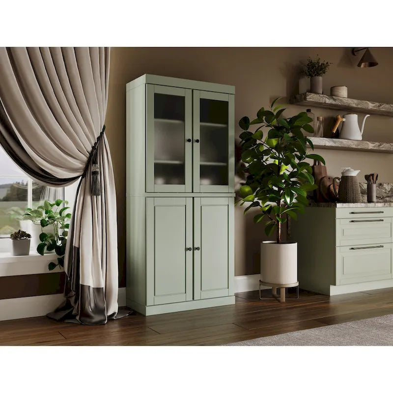 100% Solid Wood Pantry Cabinet with Frosted Glass Doors, Solid Doors, 2-Drawers and Adjustable Shelves 21