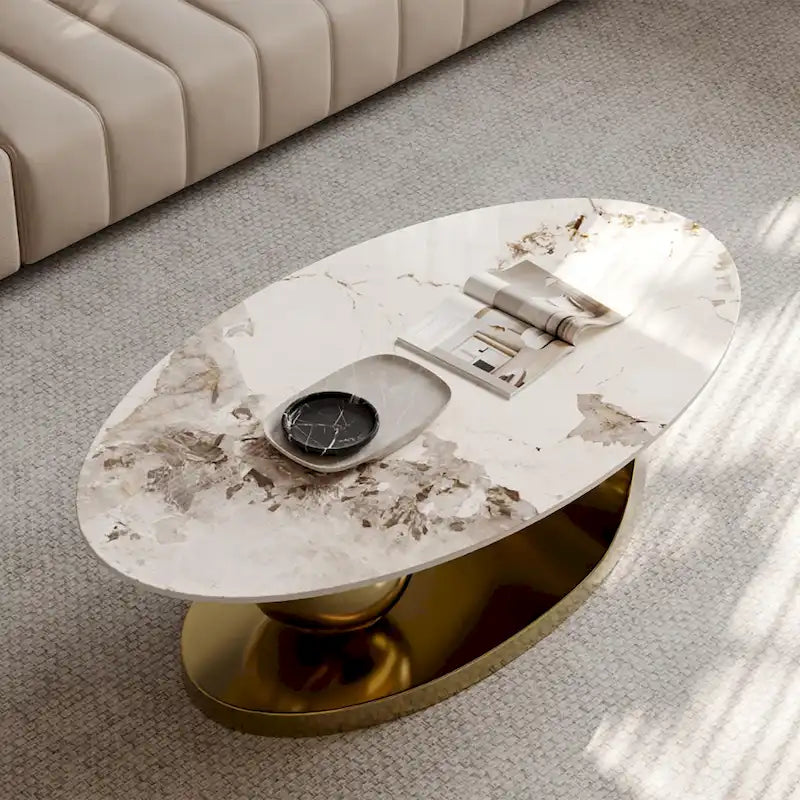 Tavolino da caffè ovale moderno Pandora 51 con piano in pietra sinterizzata lucida, tavolino da caffè di lusso, gambe in acciaio inossidabile per soggiorno 26