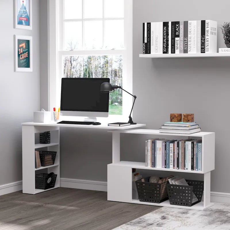 HOMCOM 360 Rotating L-Shaped Corner Desk: White, with Storage Shelves 9