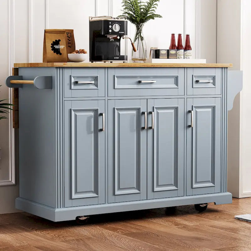 54  Large Kitchen Island with Rubber Wood Drop Leaf, Embossed Texture Rolling Kitchen Cart on 4 Wheels with 4 Doors & 3 Drawers 25