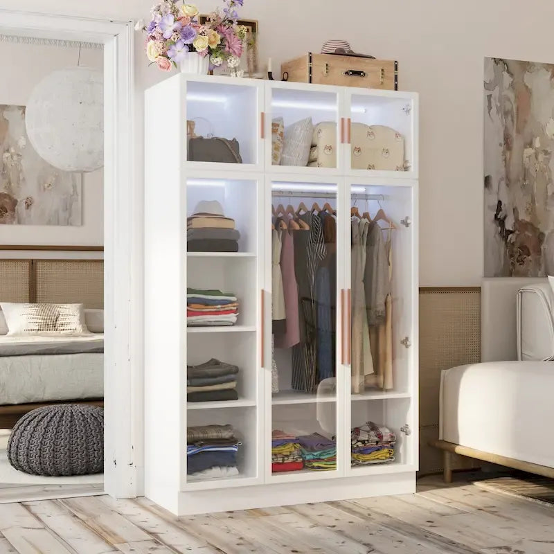 47.2 Wide Armoire LED Light All Glass Door Closet Cabinet Wardrobe 34