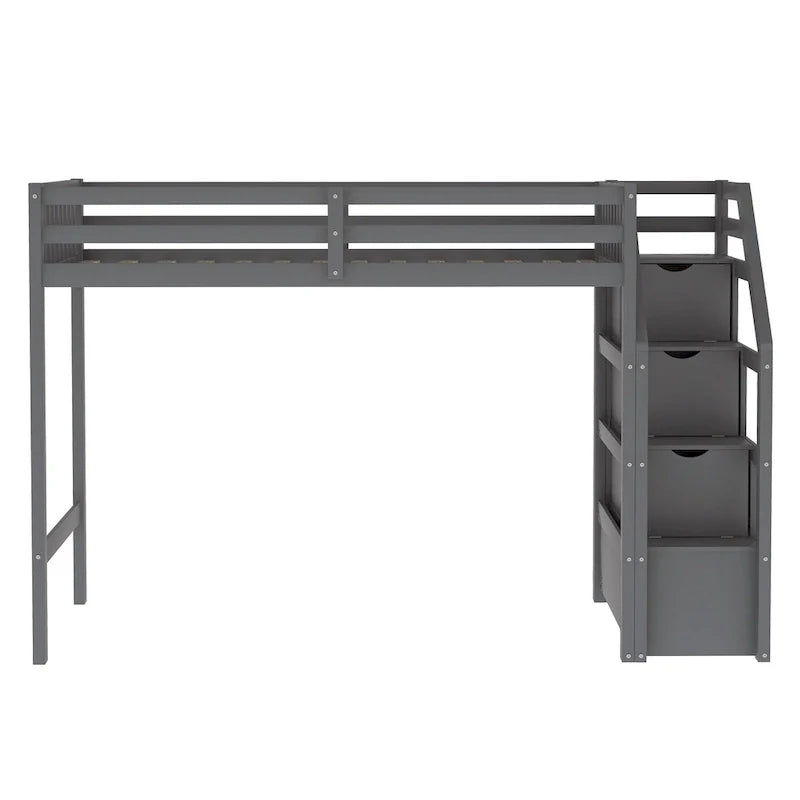 Twin Over Full Wood Loft Bed with Staircase,High Guardrails and Ladder 21