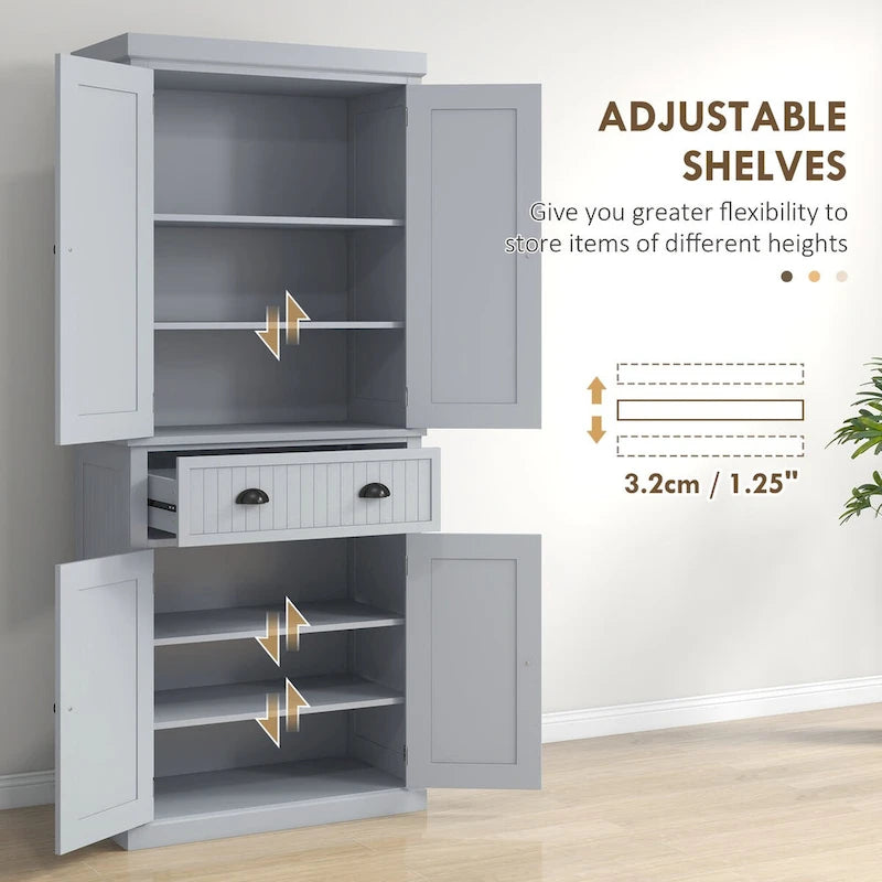 72 Kitchen Pantry Storage Cabinet, Traditional Freestanding Cabinet with 4 Doors and 3 Adjustable Shelves, Large Central Drawer 8