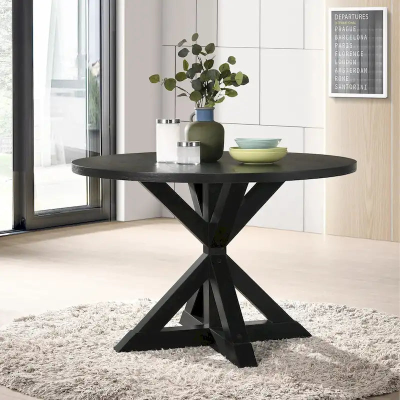 5 Piece Dining Table Set, Wooden Kitchen Furniture Set, Round Table with Cross-Buck Pedestal Base and 4 Tufted Chairs 9
