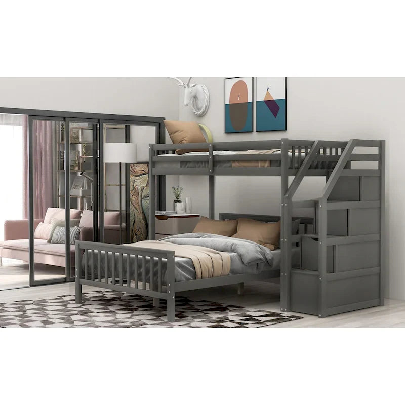 Twin Over Full Wood Loft Bed with Staircase,High Guardrails and Ladder 18
