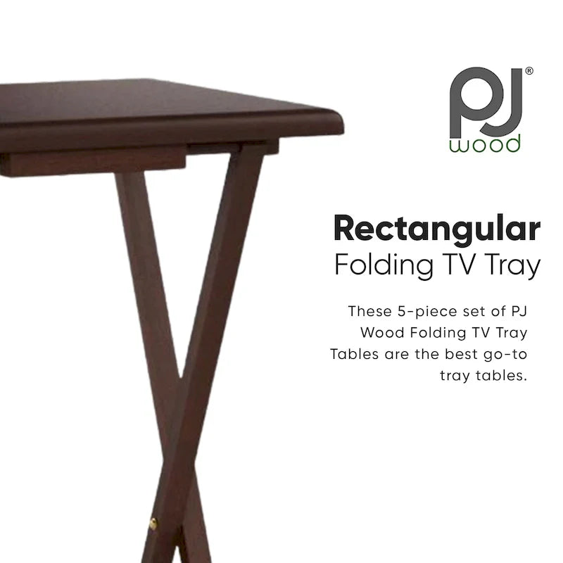 PJ Wood Folding TV Tray Tables with Compact Storage Rack, Espresso, 5 Piece Set - 36.38 5