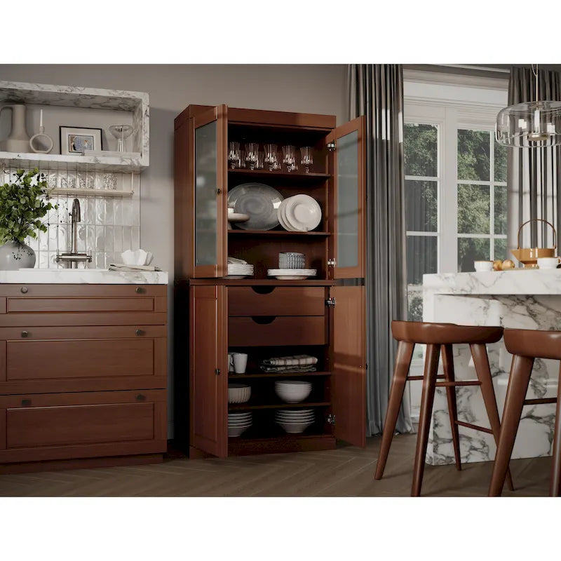100% Solid Wood Pantry Cabinet with Frosted Glass Doors, Solid Doors, 2-Drawers and Adjustable Shelves 12