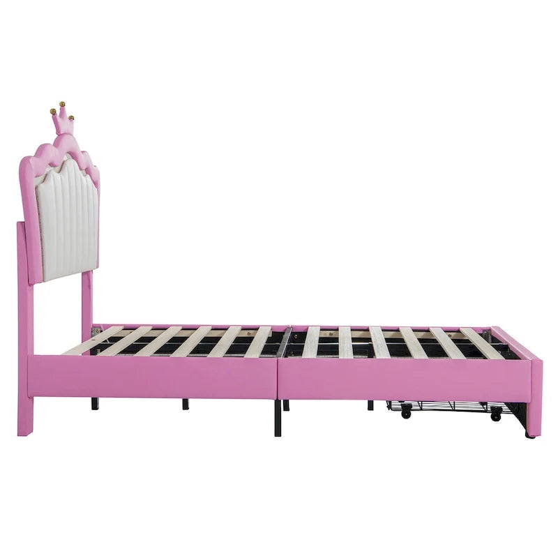 Twin Size Upholstered Bed Frame with LED Lights, Modern Upholstered Princess Bed with Crown Headboard, a Drawer, Pink+White 5