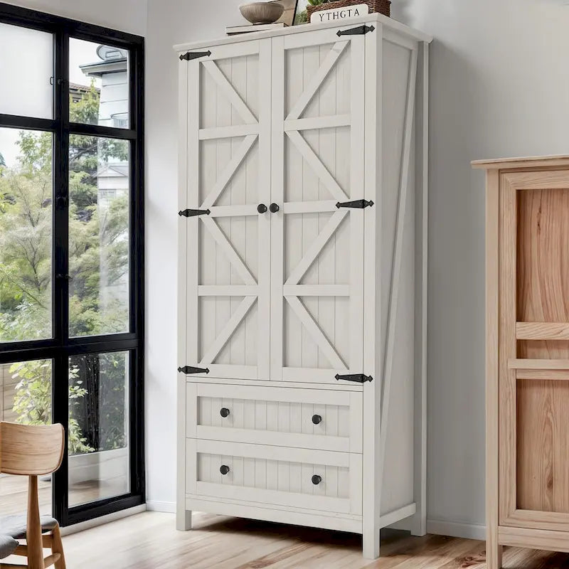 64 Farmhouse Tall Kitchen Pantry Storage Cabinet with 2 Drawers & Doors 17