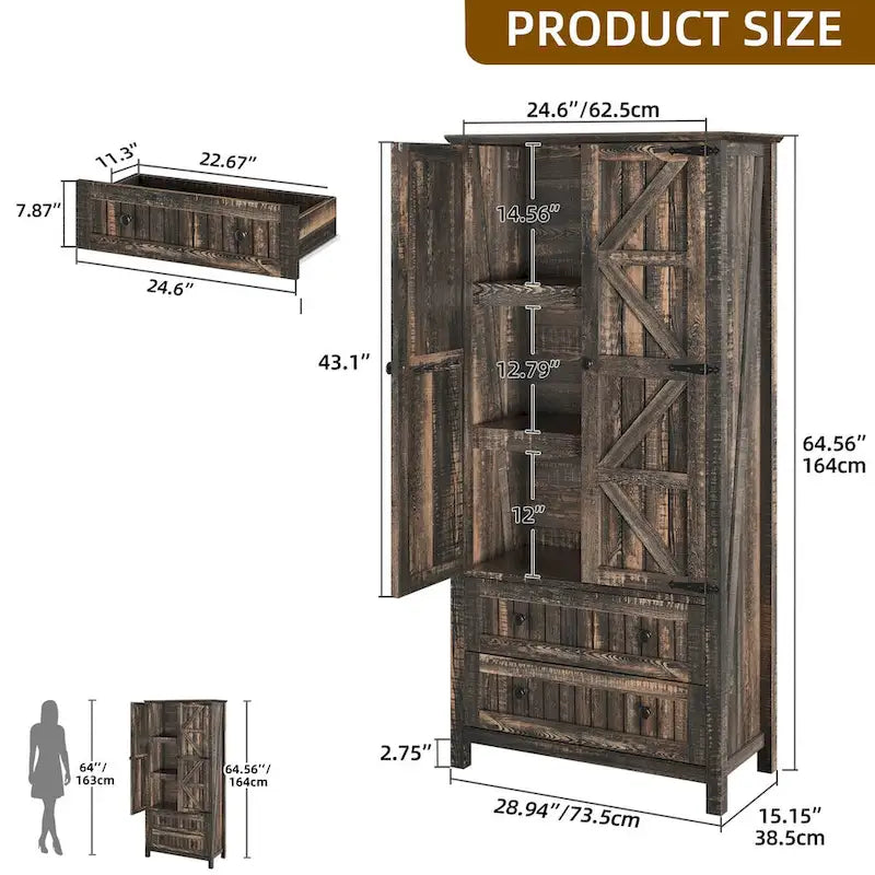 64 Farmhouse Tall Kitchen Pantry Storage Cabinet with 2 Drawers & Doors 6