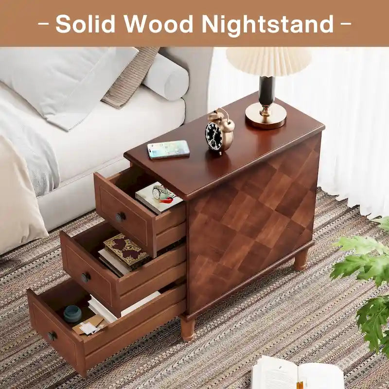 Tavolino stretto completamente assemblato, tavolino in legno massello con 3 cassetti, comodino sottile vintage per piccoli spazi 17
