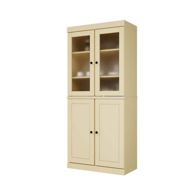 100% Solid Wood Pantry Cabinet with Frosted Glass Doors, Solid Doors, 2-Drawers and Adjustable Shelves 32