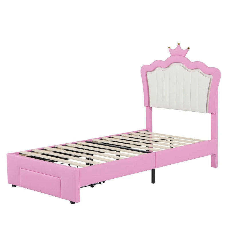 Twin Size Upholstered Bed Frame with LED Lights, Modern Upholstered Princess Bed with Crown Headboard, a Drawer, Pink+White 6