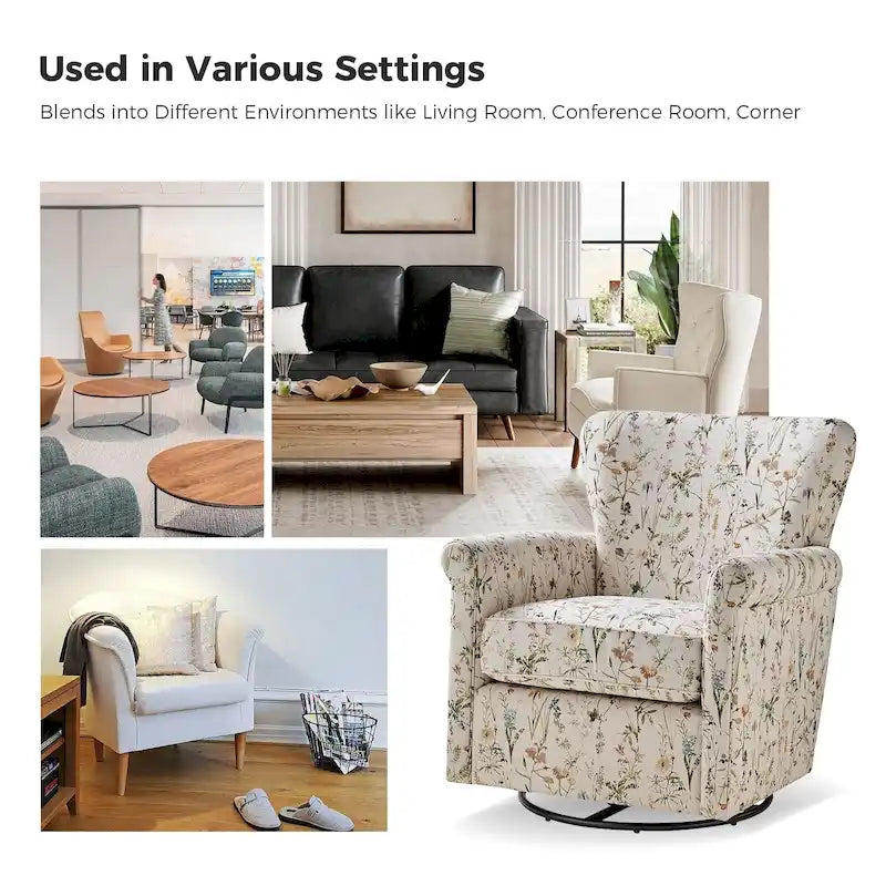 Georg Comfortable Floral Fabric Swivel Rocker Chair with Rolled Armrest by HULALA HOME 36