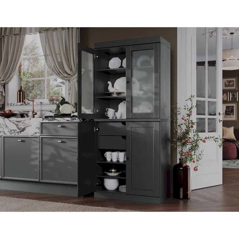 100% Solid Wood Pantry Cabinet with Frosted Glass Doors, Solid Doors, 2-Drawers and Adjustable Shelves 6