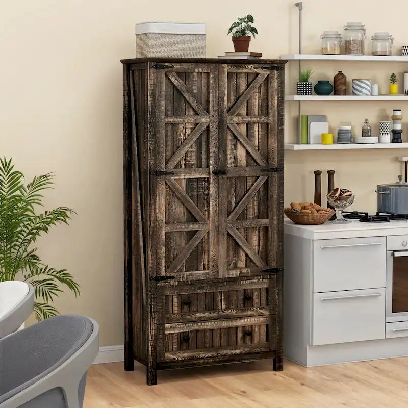 64 Farmhouse Tall Kitchen Pantry Storage Cabinet with 2 Drawers & Doors 3