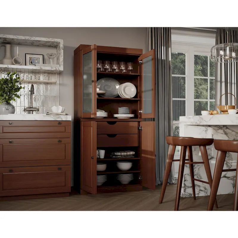 100% Solid Wood Pantry Cabinet with Frosted Glass Doors, Solid Doors, 2-Drawers and Adjustable Shelves 23