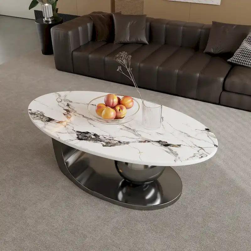Tavolino da caffè ovale moderno Pandora 51 con piano in pietra sinterizzata lucida, tavolino da caffè di lusso, gambe in acciaio inossidabile per soggiorno 37