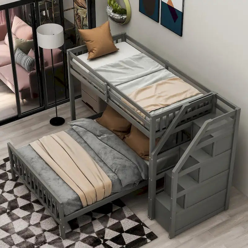 Twin Over Full Wood Loft Bed with Staircase,High Guardrails and Ladder 17