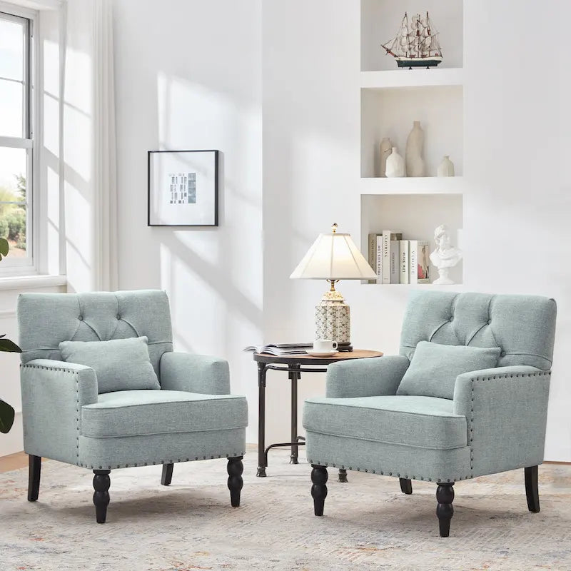 Set of 2 Arm Chair Upholstered Button Tufted Accent Chair with Lumbar Pillow Beige/ Grey/ Light Blue 43