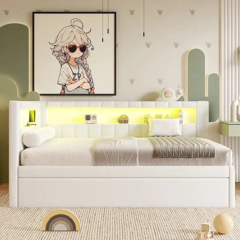 Upholstered Platform Bed with USB Ports & LED Lighting - Full/Twin Size Bed Frame with 2 Storage Drawers - Modern Bedroom 26