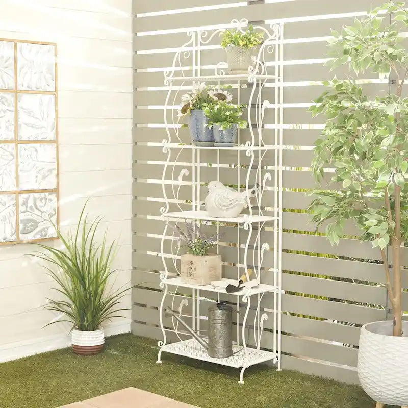 Metal Scroll Indoor Outdoor Tall Folding 5 Shelves Bakers Rack - Gold or White - Roche River Decor 14