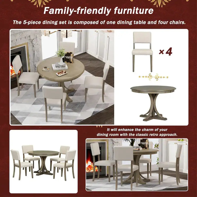 Taupe Retro 5-Piece Wooden Dining Table Set with Curved Trestle Table & 4 Chairs 9