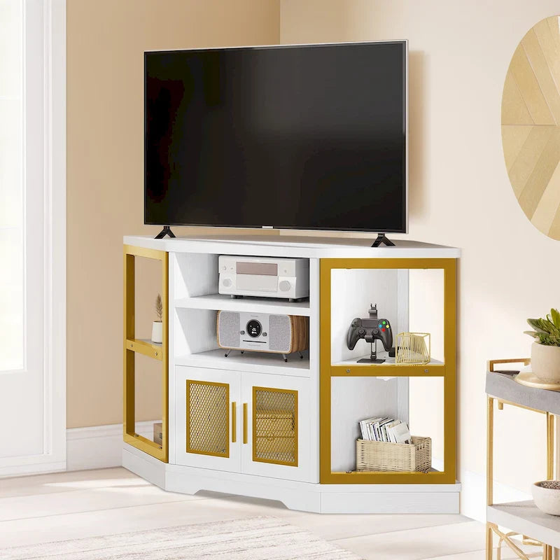 Farmhouse Corner TV Stand Entertainment Center Media Console for TVs up to 55 with Power Outlet 12