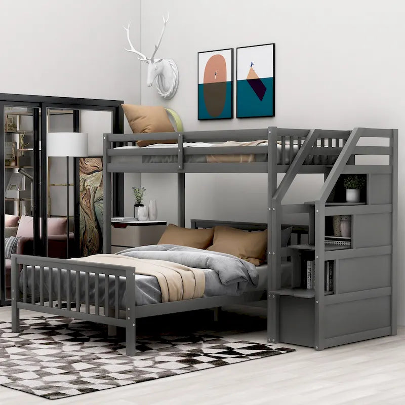 Twin Over Full Wood Loft Bed with Staircase,High Guardrails and Ladder 11